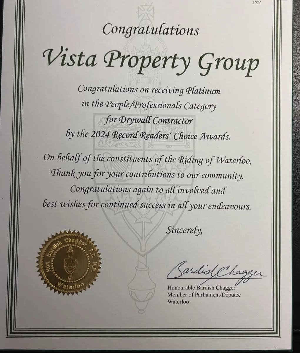 Congratulatory certificate from the Member of Parliament for Waterloo recognising Vista Property Group’s Platinum win for Drywall Contractor in the 2024 Record Readers’ Choice Awards
