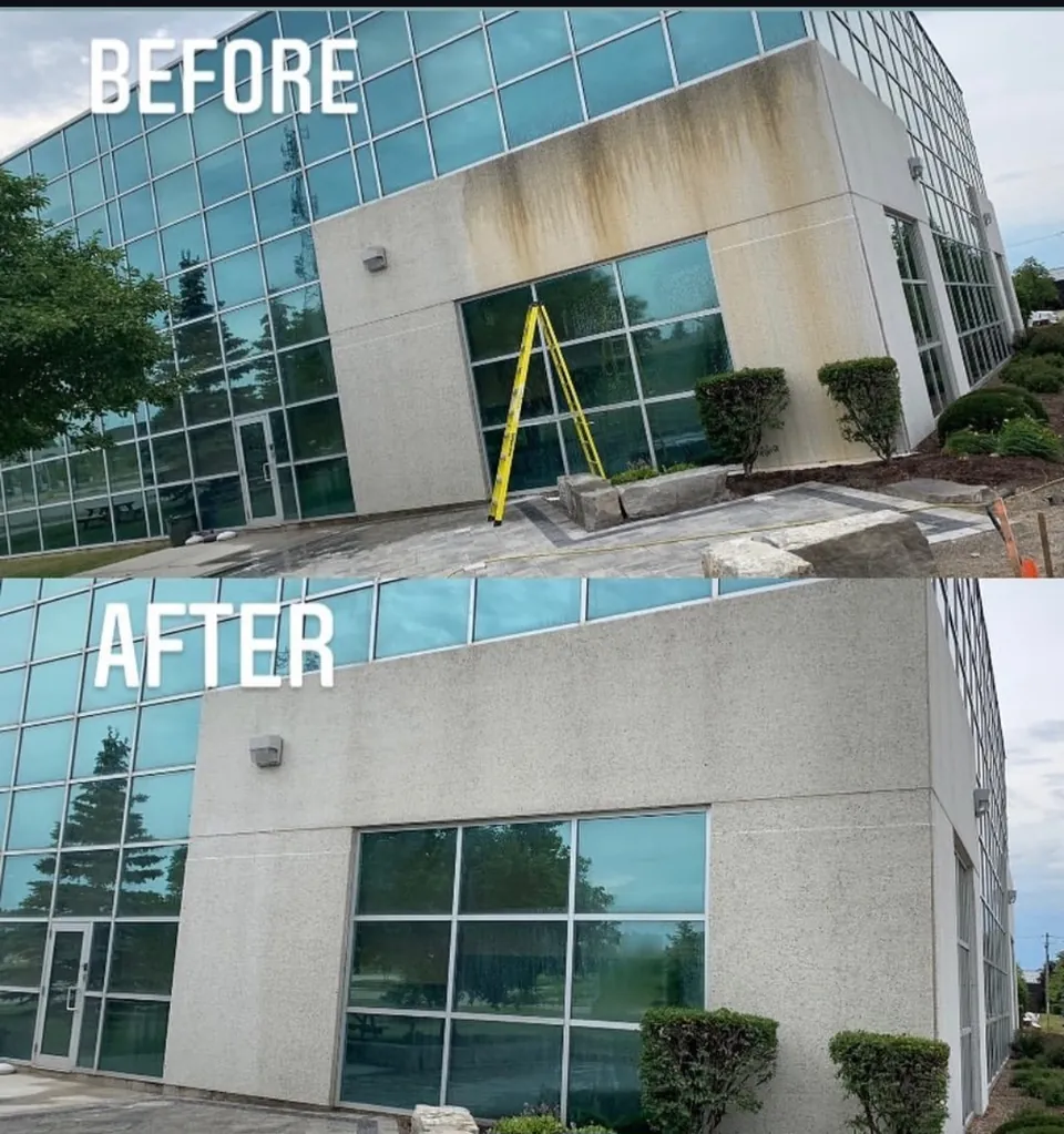 Before and after of a commercial building exterior: dark water staining on the concrete panel above the windows, then the same wall cleaned